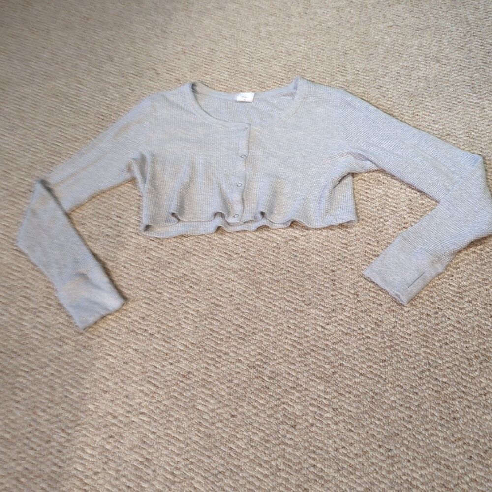 Offline by Aerie Top Henley Waffle Crop Shirt Womens XL Gray Lounge Button Up
